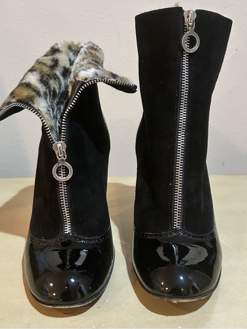 Marc Jacobs Black Suede & Patent Leather Zip Ankle Boots with Faux Fur